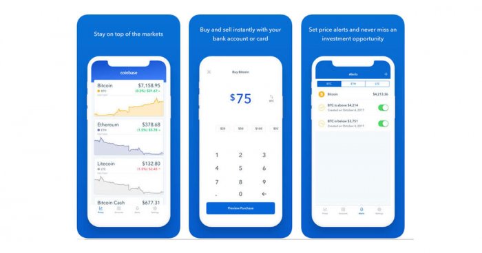 3 smart phones with the coinbase app and portfolio