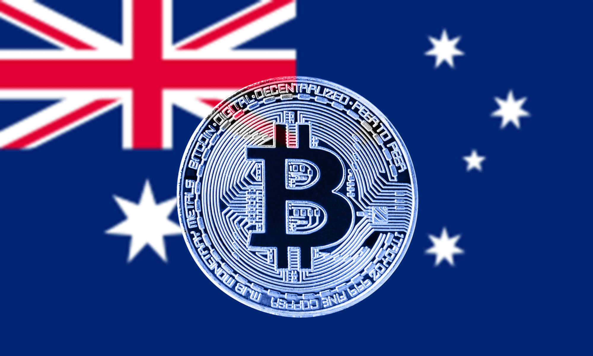 Australian flag with a bitcoin in front of it