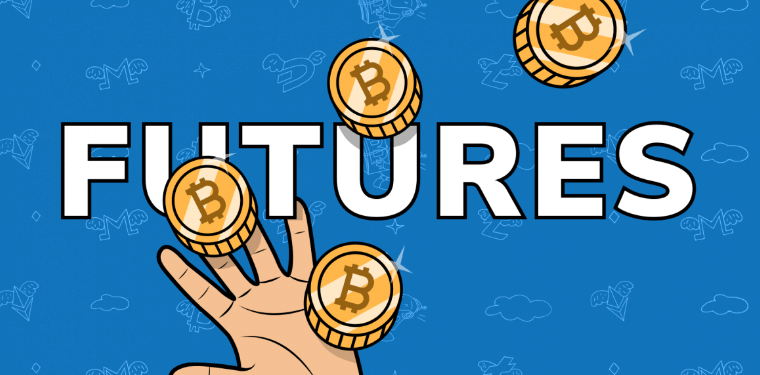 illustration of a hand, Bitcoins and the word "futures"