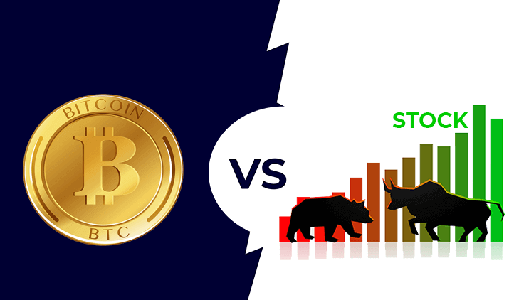 Bitcoin vs stocks with a bull and a bear going head to head